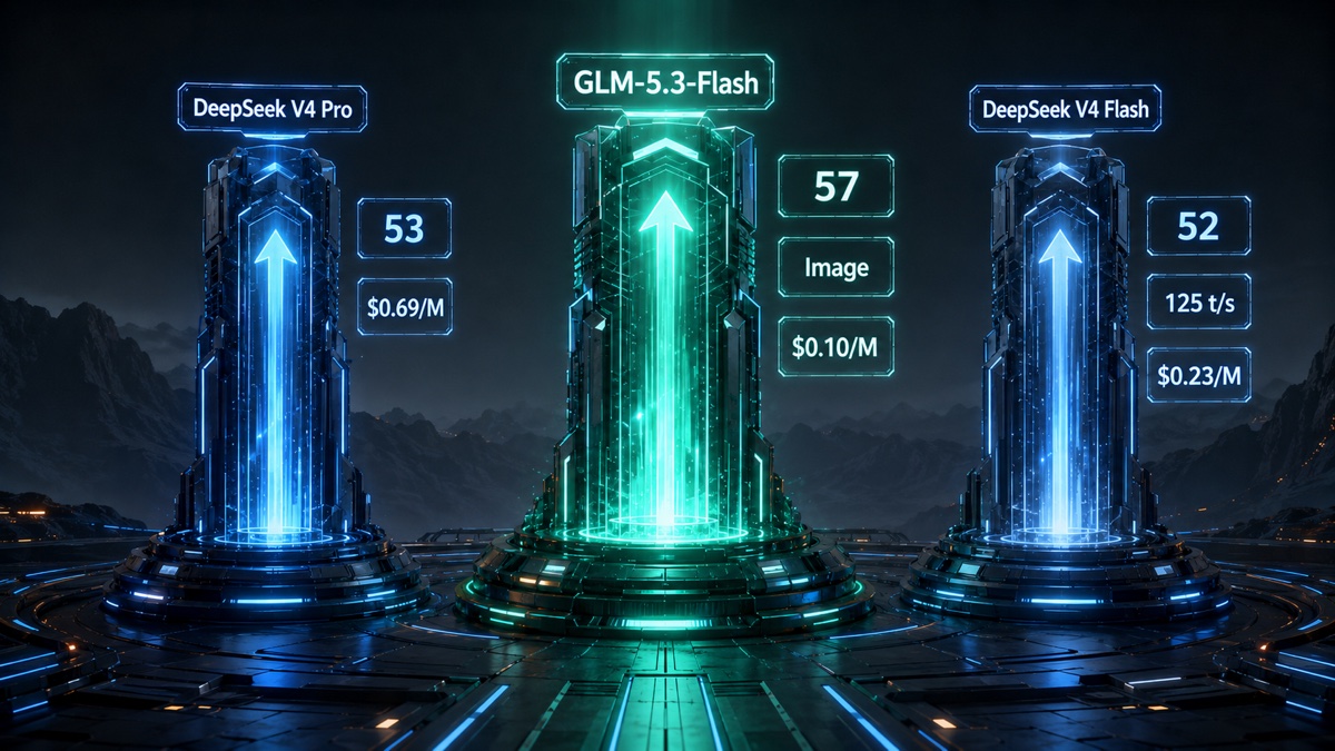 GLM-5.3-Flash、DeepSeek V4 Pro 与 DeepSeek V4 Flash 的分数、价格和速度对比插图