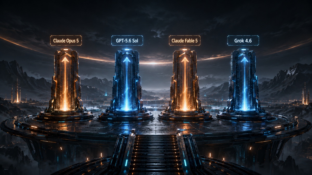 Claude Opus 5、GPT-5.6 Sol、Claude Fable 5 与 Grok 4.6 并列成多座模型塔的原创插图
