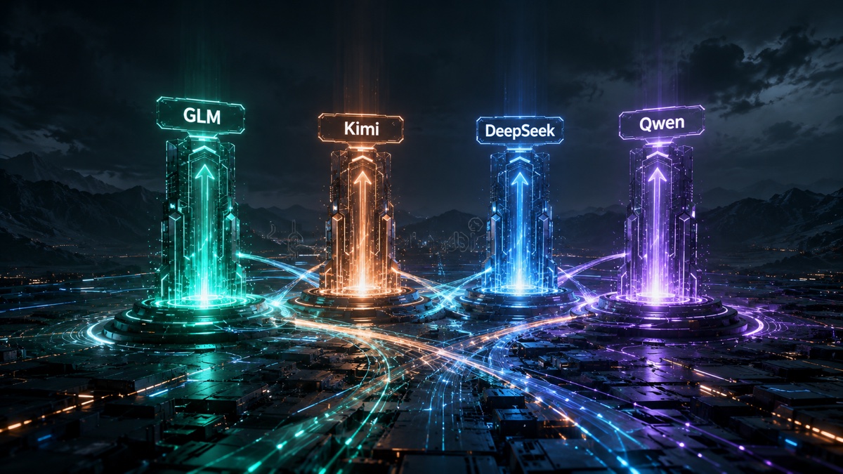 Original illustration of a GLM-5.3-Flash model tower connected to image, PDF and agent capabilities in a crowded model market