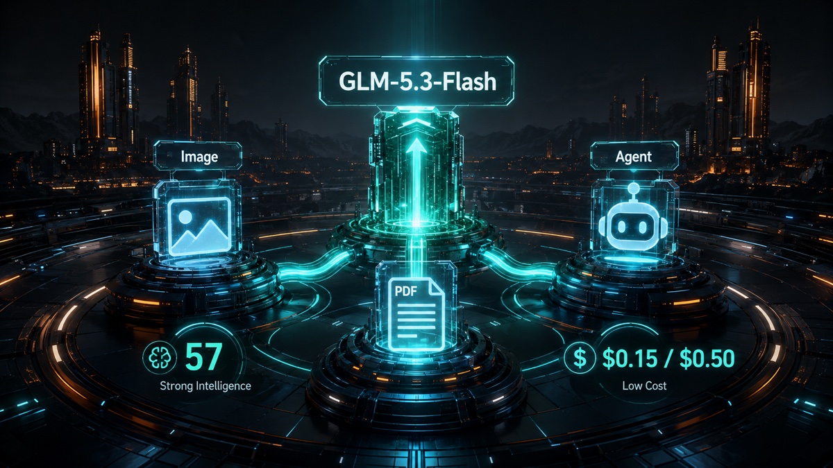GLM-5.3-Flash 模型塔连接图片、PDF 和 Agent 能力，并标出 57 分与公开 API 价格的原创插图