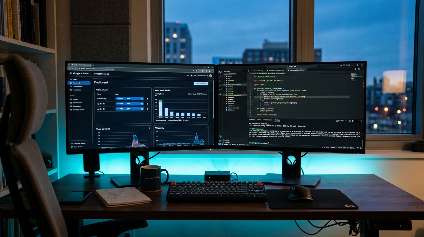 Original illustration of developer workstation running Google AI Studio console and client tools via free Gemini API