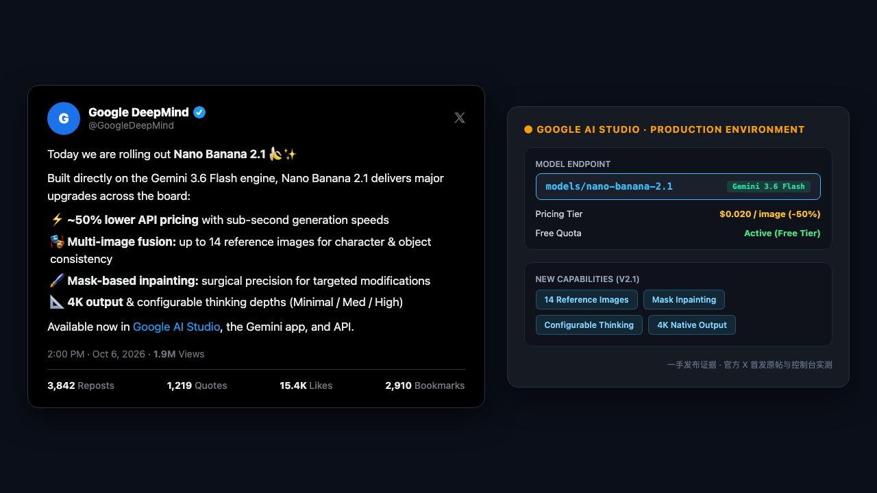 Official Google DeepMind X announcement post screenshot and Google AI Studio production environment endpoint panel