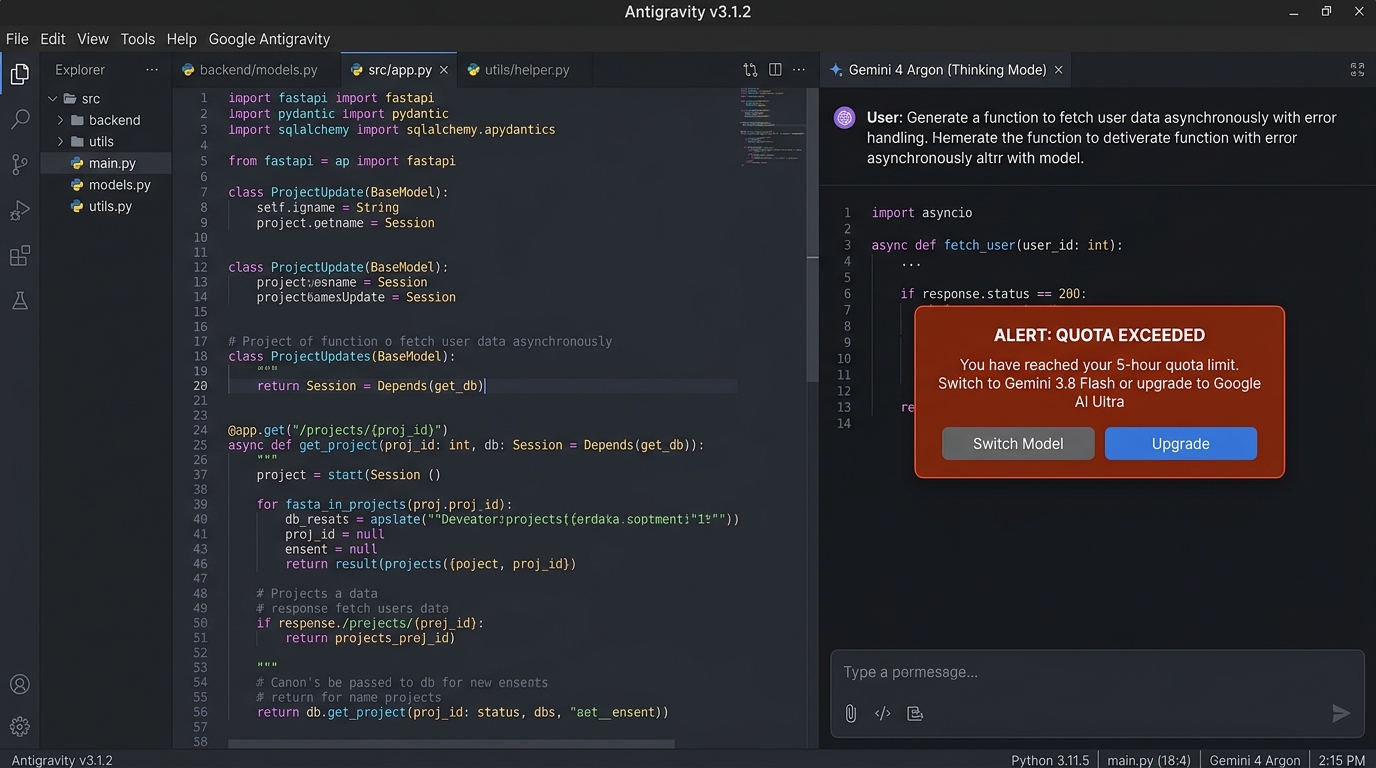 Google Antigravity IDE screenshot showing Gemini 4 hitting the 5-hour quota limit halfway through multi-file refactoring
