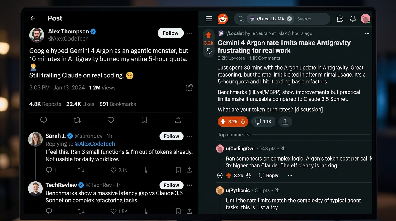 Developer community discussions on Reddit and X: Viral posts roasting Gemini 4's rapid quota burn and expensive upsell models