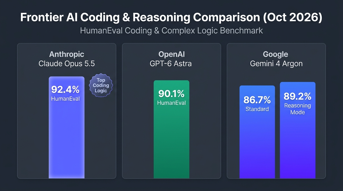 Frontier coding and reasoning matrix comparing Claude Opus 5.5, GPT-6 Astra, and Gemini 4 across standard and deep thinking modes