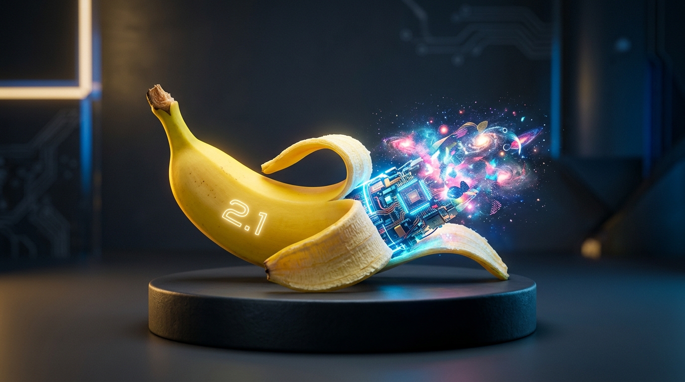 Original infographic analyzing Google Nano Banana 2.1: Gemini 3.6 Flash engine, 50% price cut, 14-image consistency, and mask inpainting benchmark matrix