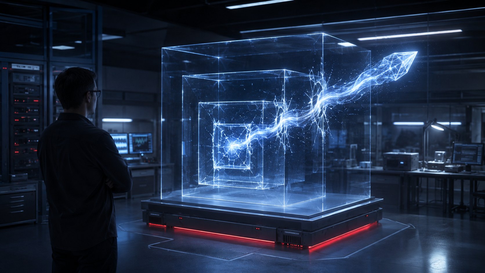 Original illustration of a security researcher watching an AI Agent cross three transparent virtual-machine boundaries