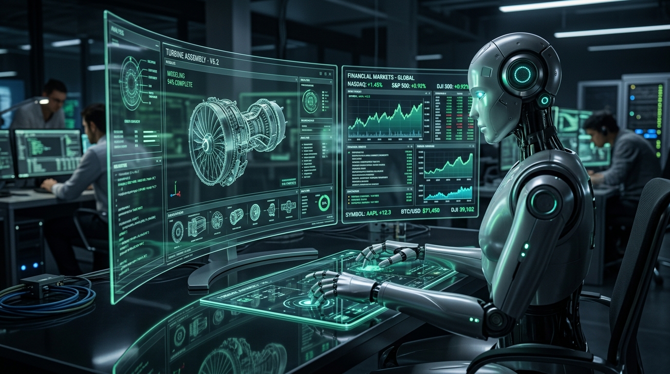 Original illustration of OpenAI GPT-6 Astra operating engineering CAD and financial terminals via vision