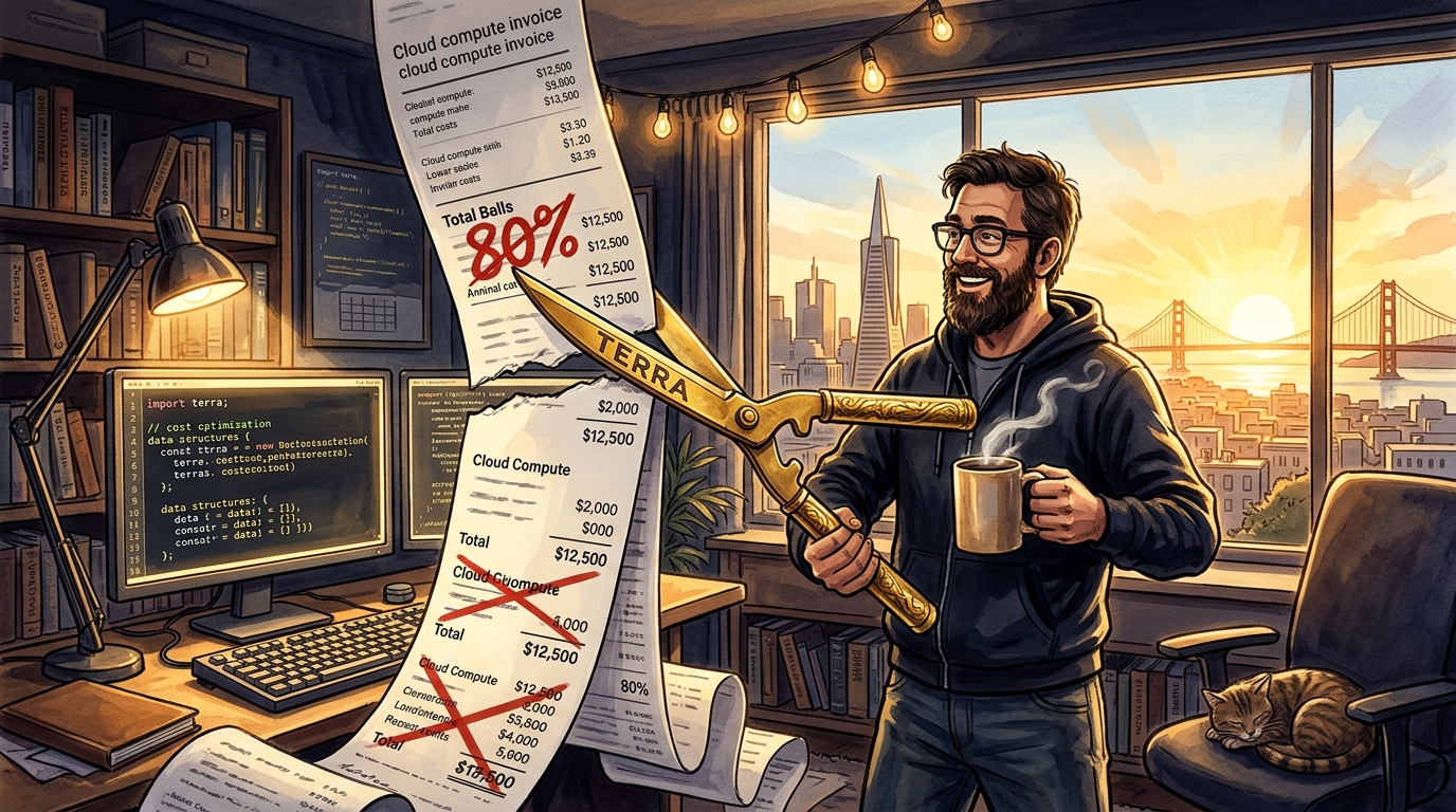 高概念科技插画：清晨朝阳下的独立开发者公寓内，开发者高举一把刻有 TERRA 标志的巨型金色剪刀，将如摩天楼般高耸的云算力账单卷轴一刀剪去百分之七十，钞票纷纷掉落