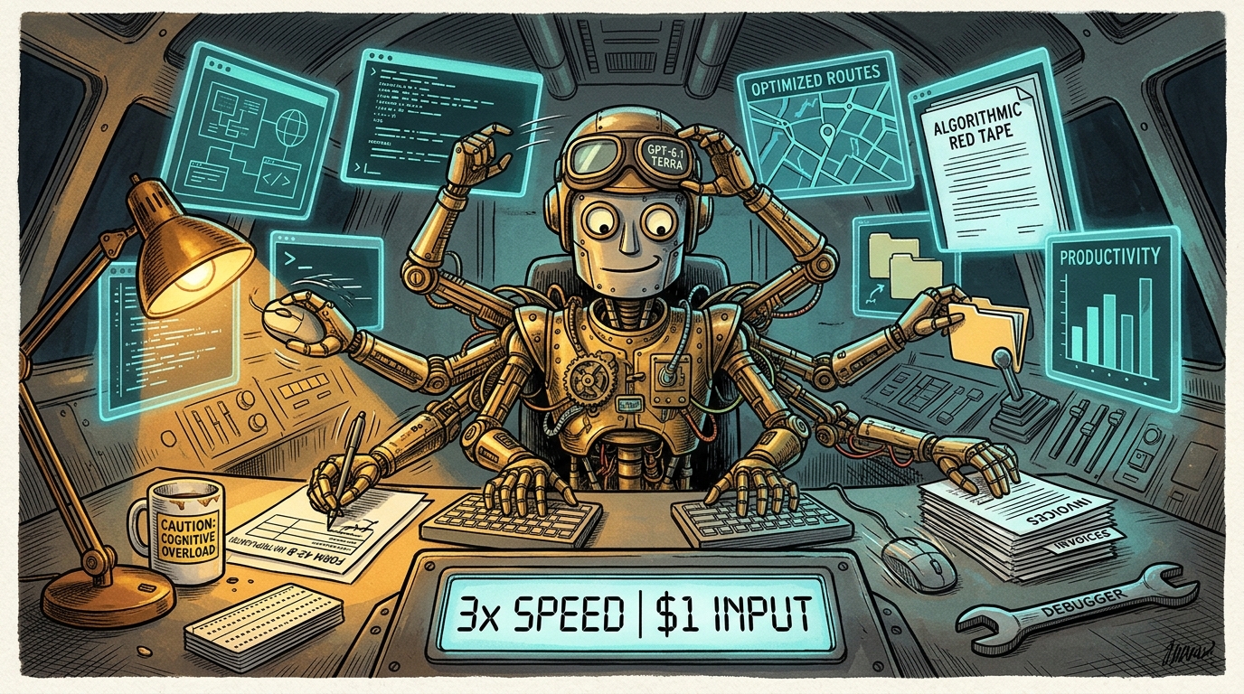 Satirical editorial illustration: Inside a multi-monitor cockpit, an eight-armed mechanical cyber-pilot wearing Terra goggles operates forms and UI tools at 3x blur speed while the dashboard displays $1 Input cost