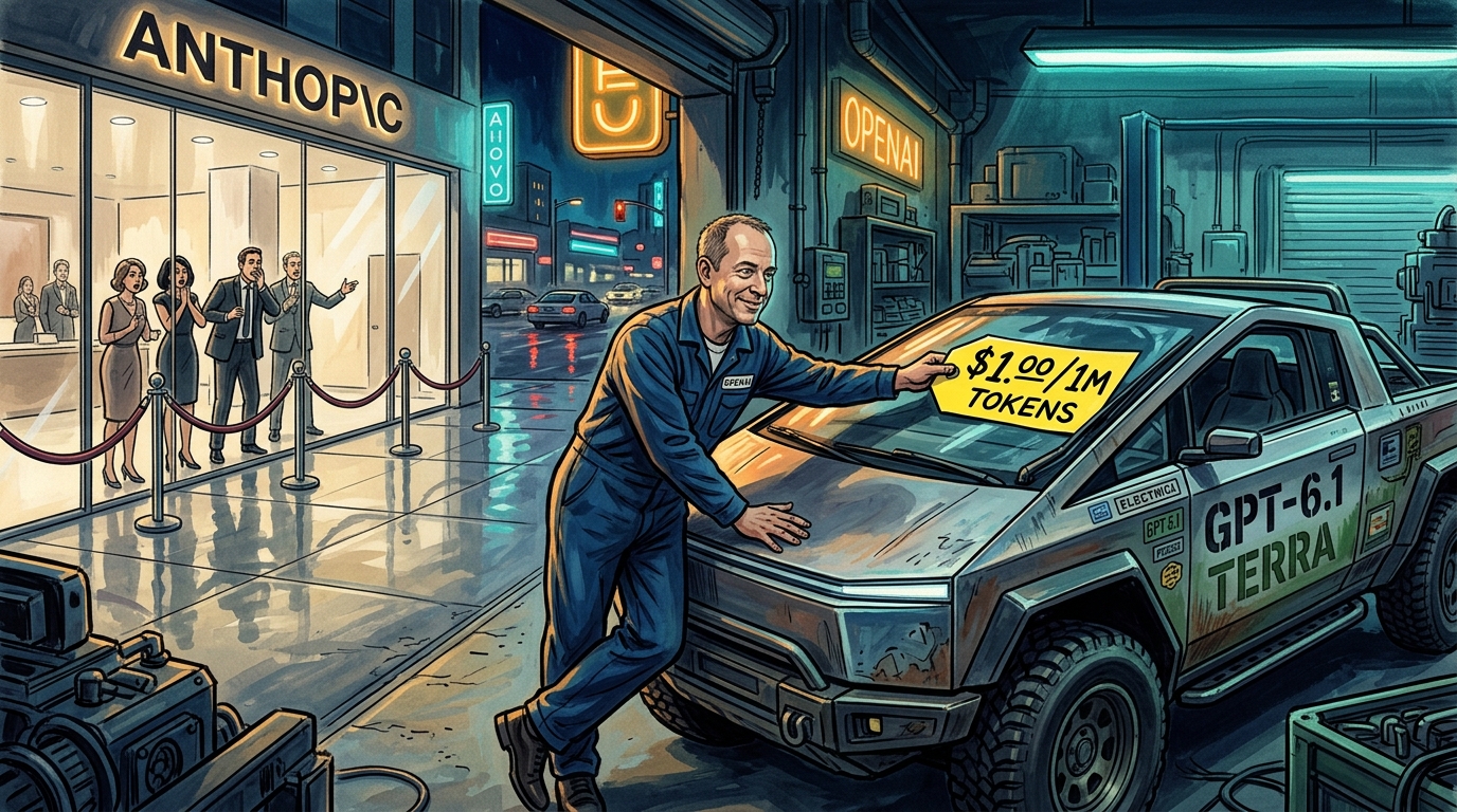 Satirical editorial illustration: OpenAI CEO in mechanic overalls slapping a $1.00 / 1M TOKENS discount tag on a rugged GPT-6.1 Terra cyber-truck while Anthropic executives watch across the street in disbelief