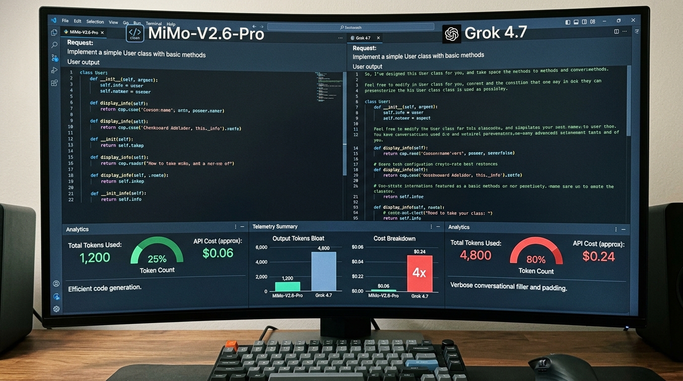 IDE benchmark comparison displaying MiMo-V2.6 concise 1,200 tokens versus Grok 4.7 verbose 4,800 tokens quadrupling bill