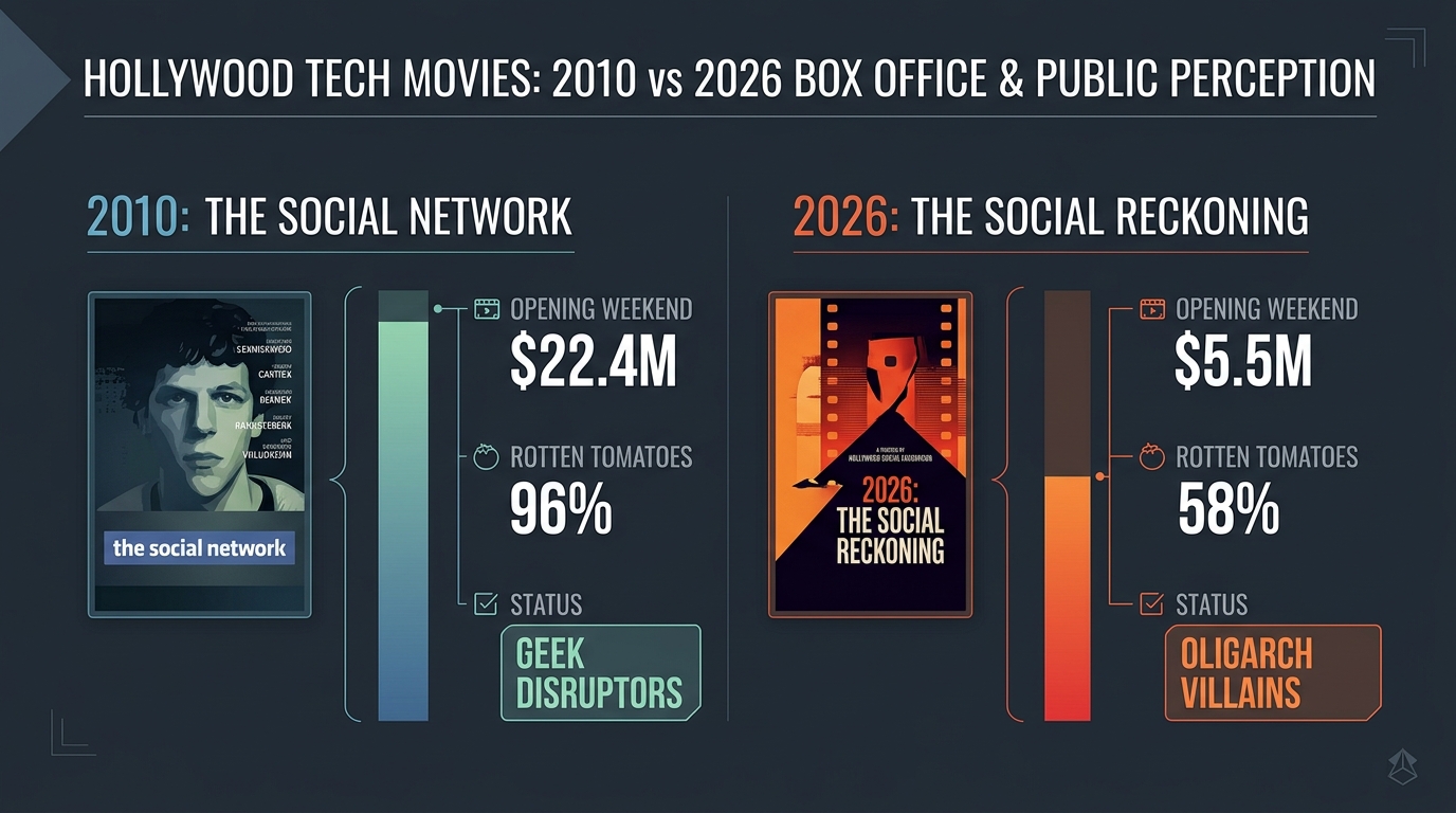 Tech biographical cinema comparison dashboard: 2010 Social Network (.4M opening, geek heroes) vs 2026 Social Reckoning (.5M opening, oligarch villains)