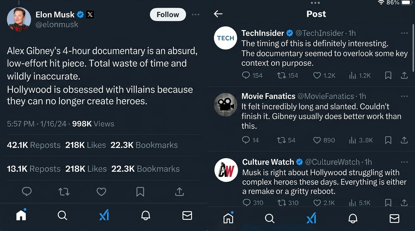 Elon Musk's official X post pushback slamming Alex Gibney's 4-hour documentary as an inaccurate hit piece, mocking Hollywood for failing to create heroes