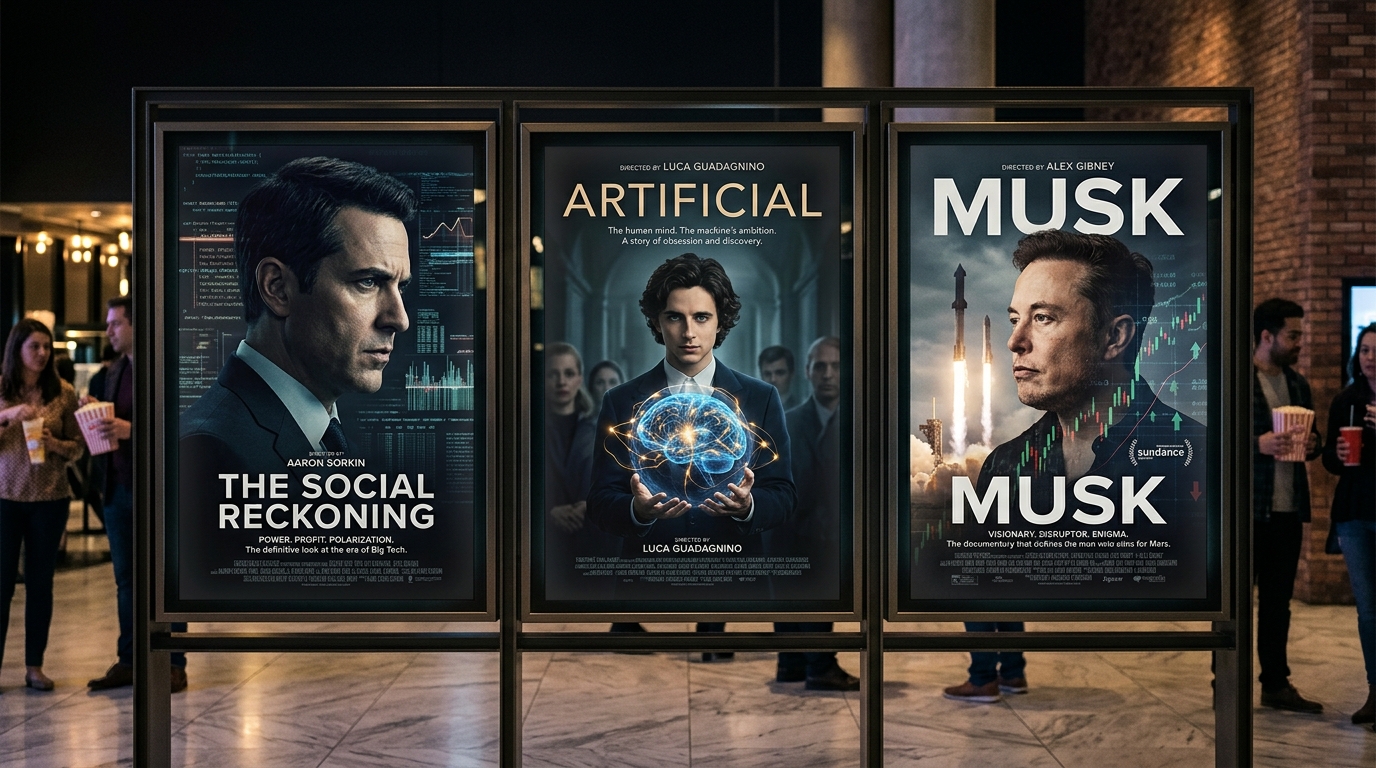 Cinema lobby display featuring posters for the tech villain trilogy: Aaron Sorkin's The Social Reckoning, Luca Guadagnino's Artificial, and Alex Gibney's Musk