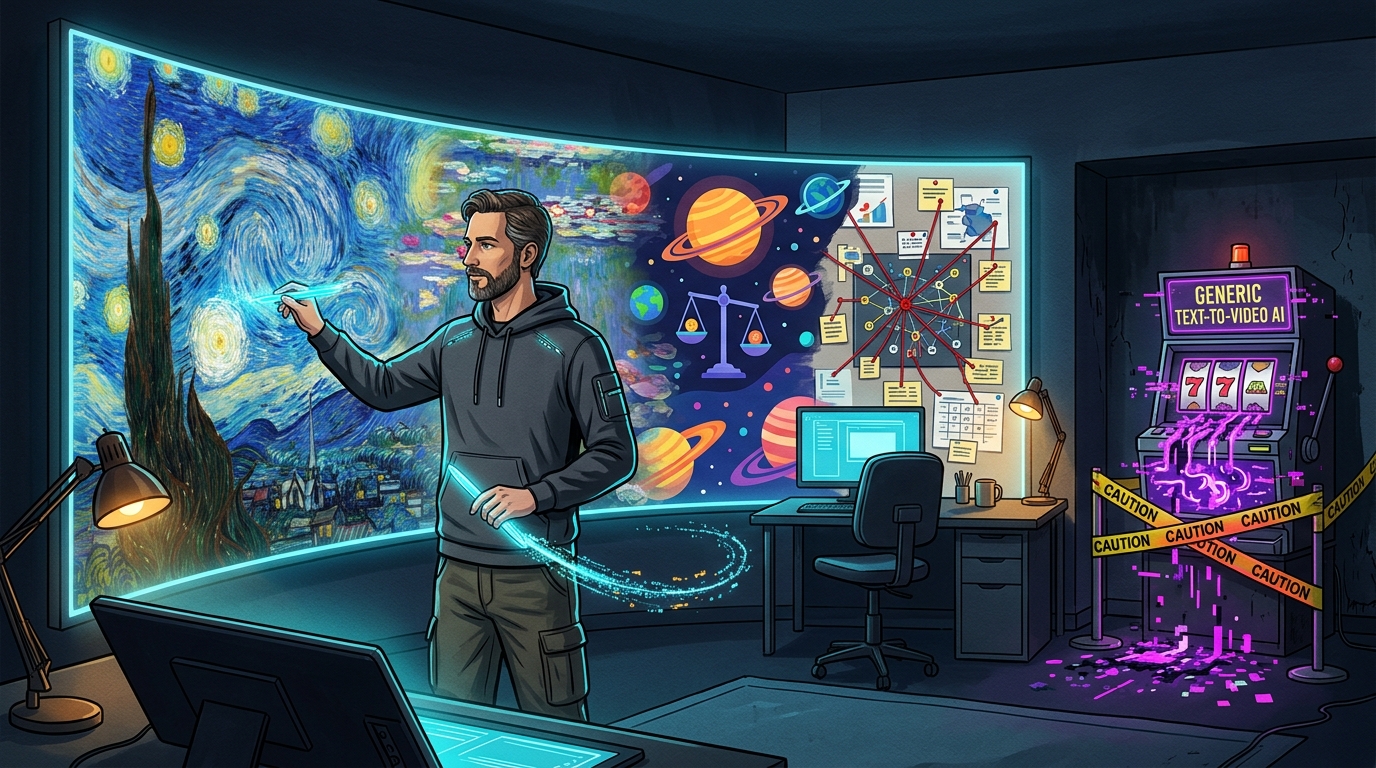 Satirical editorial gouache illustration: Claude Opus 5.5 as a digital art director holding a glowing code brush to paint fine art motions and explainer graphics, while an outdated generic text-to-video slot machine spewing purple slop is cordoned off with warning tape