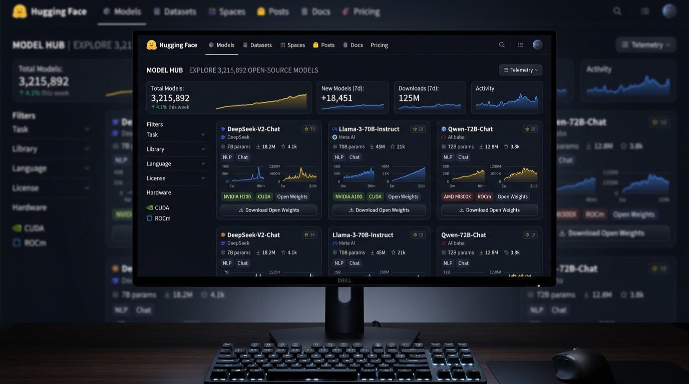 Hugging Face model hub dashboard featuring over 3M models, 500k datasets, and hardware acceleration tags