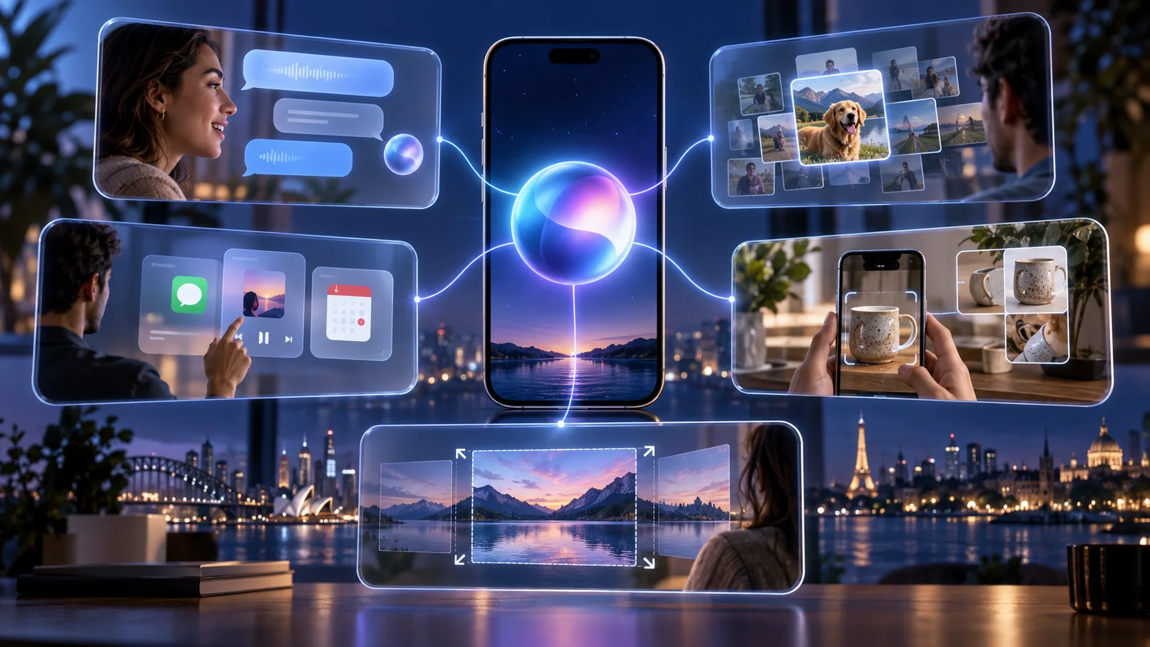 Original visual guide to Siri AI conversations, personal context, cross-app actions, camera search and photo reframing