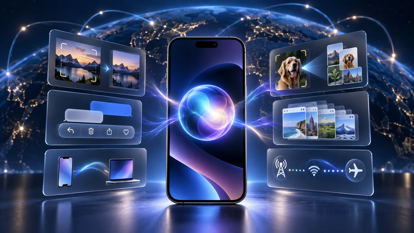 A global iOS 27 phone surrounded by Siri AI, visual search, photo editing and app-action workflows