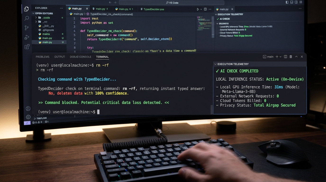 Developer terminal running TypedDecider intercepting a destructive command in 31ms with zero cloud tokens billed