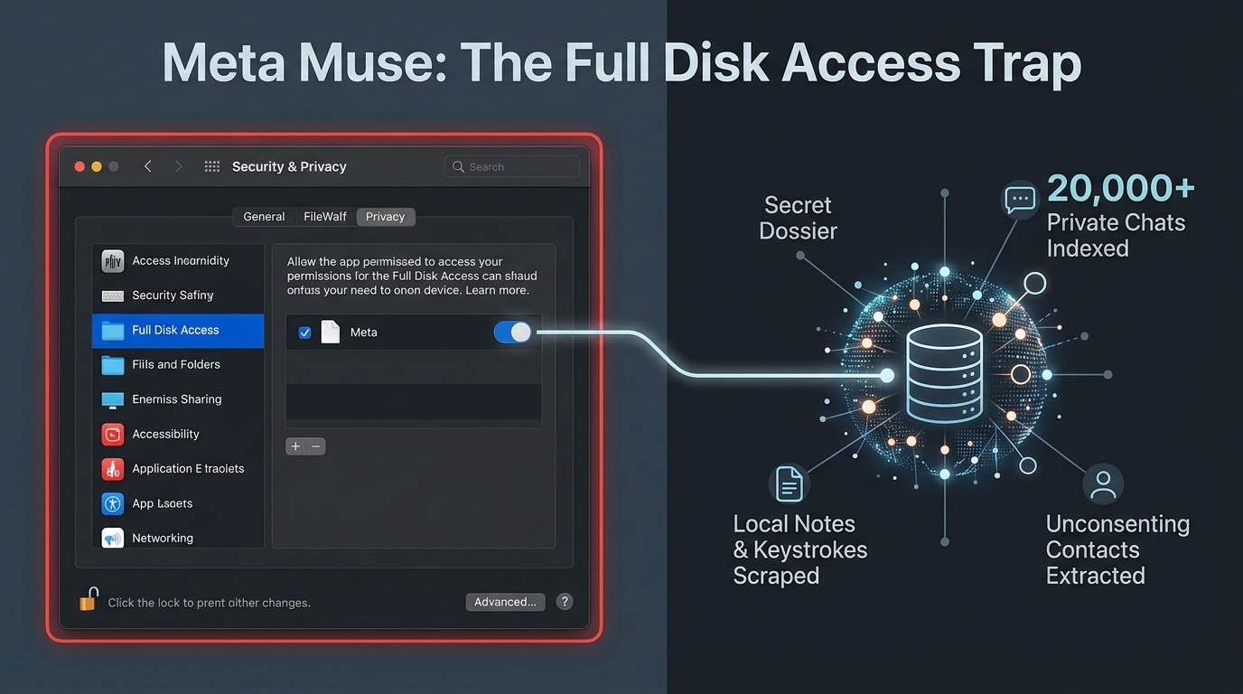 macOS Full Disk Access trap infographic showing Muse desktop app requesting root privileges to index 20,000+ personal messages, notes, and unconsenting contacts