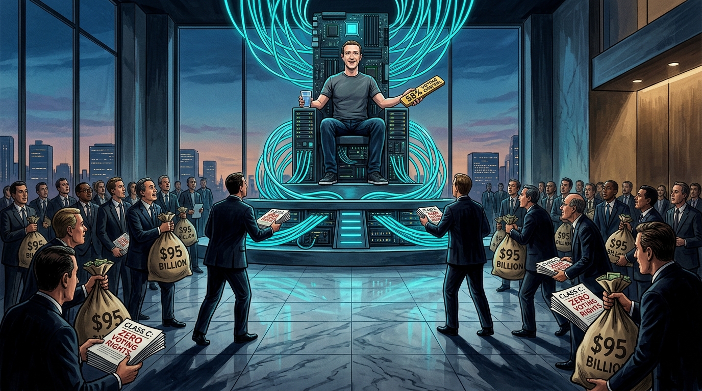 高概念科技插画：空旷巨大的硅谷董事会大厅中，扎克伯格端坐在由光纤和主板织就的高耸铁王座上，手握 58% 超级投票权遥控器，台下无数西装革履的华尔街金融家抢购标有零投票权的 Class C 股票