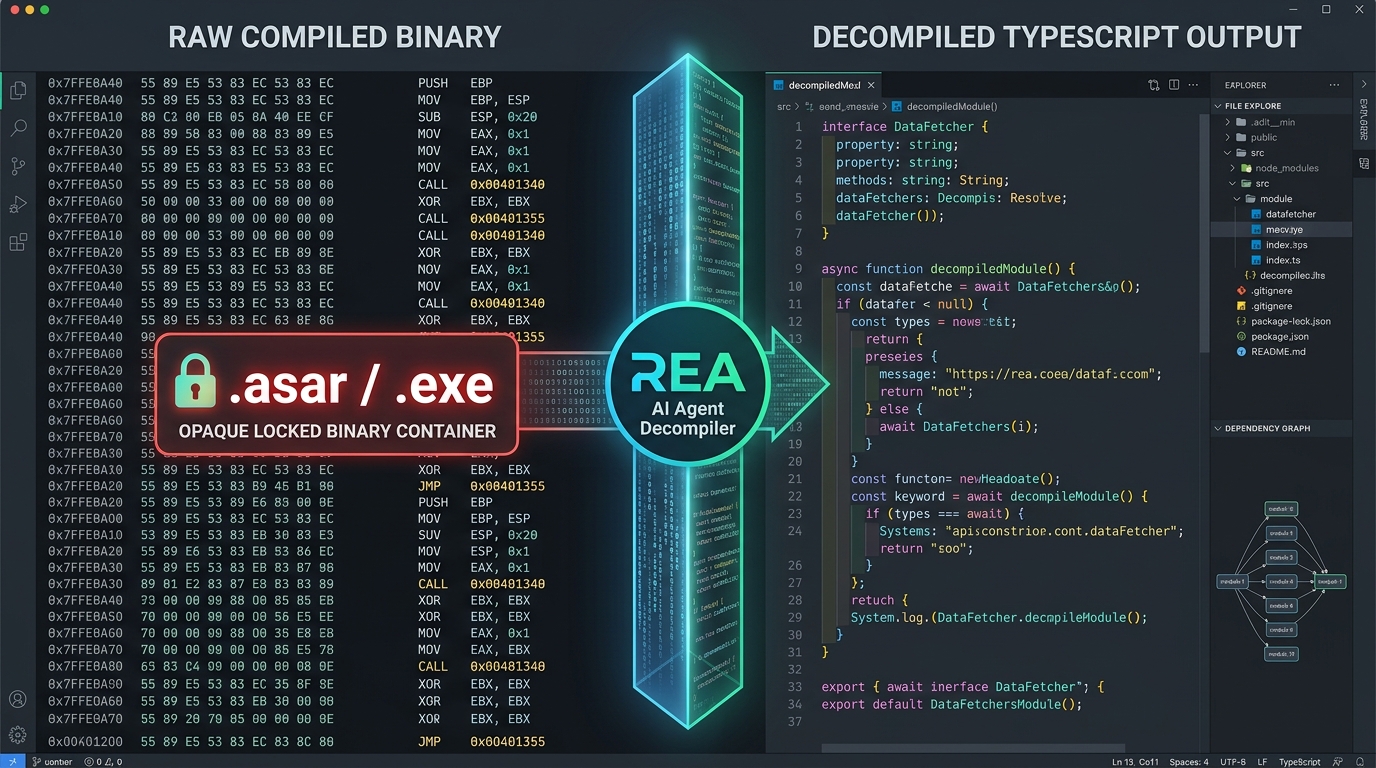 Decompilation pipeline split: Left side showing raw hexadecimal machine instructions, right side showing clean TypeScript functions reconstructed by REA.