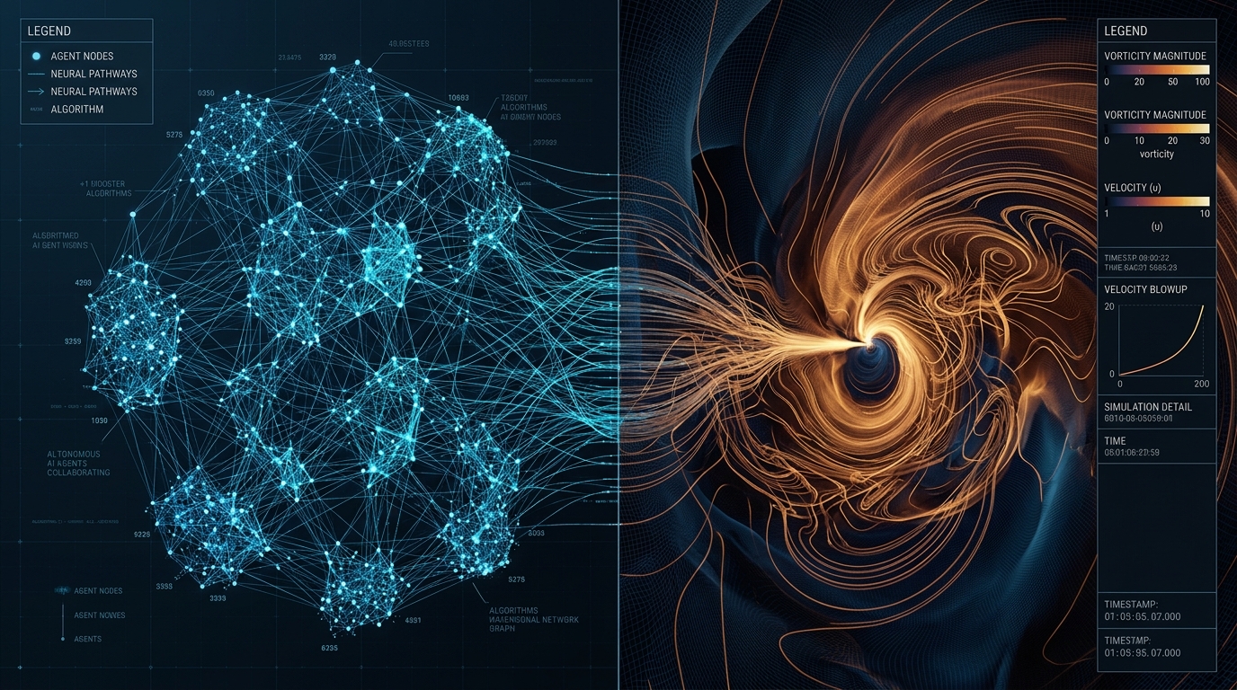 Scientific computing visualization displaying 10,000 autonomous agent swarm network topology alongside 3D fluid velocity blowup singularity