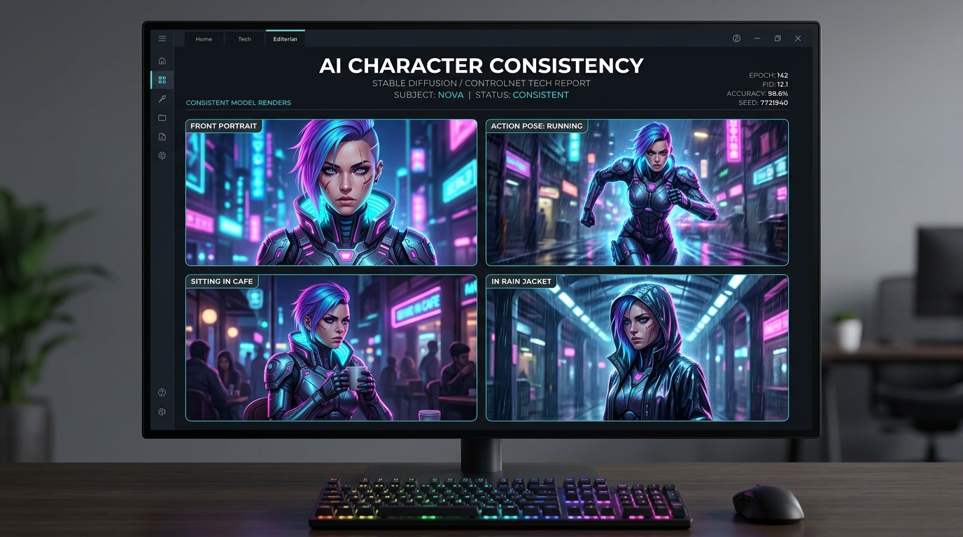 Hands-on character consistency test: the same cyberpunk protagonist rendered across four distinct scenes with unified facial and costume traits