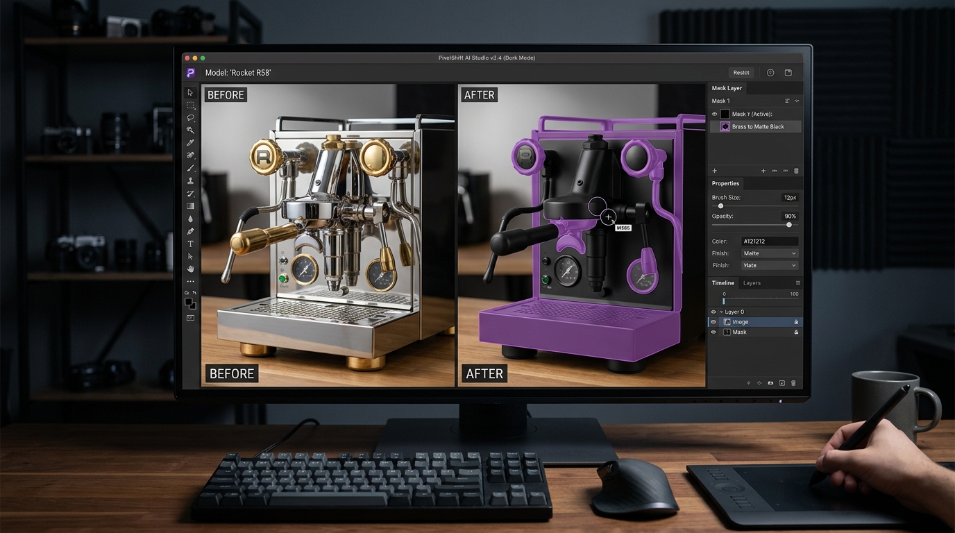 Mask inpainting before-and-after on an espresso machine: purple mask swaps brass handles to matte black ceramic with zero distortion to surrounding chrome reflections