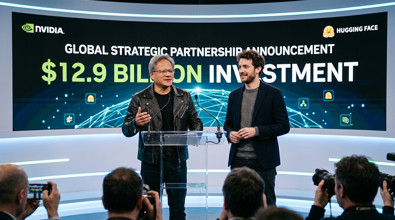 NVIDIA CEO Jensen Huang and Hugging Face CEO Clement Delangue announcing the $12.9B deal on stage