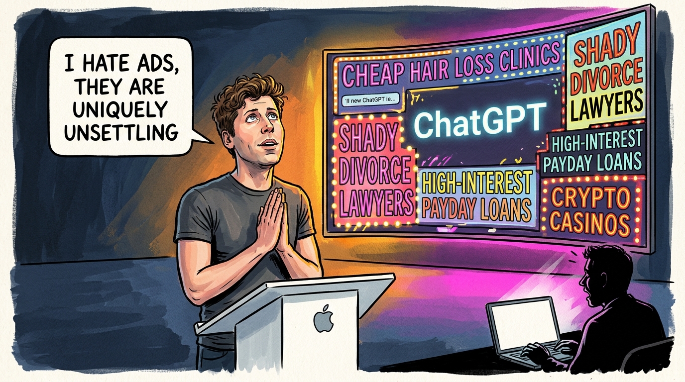 Satirical editorial gouache illustration: Sam Altman stands innocently at a podium declaring I hate ads, while the massive ChatGPT screen behind him is plastered with neon commercial billboards