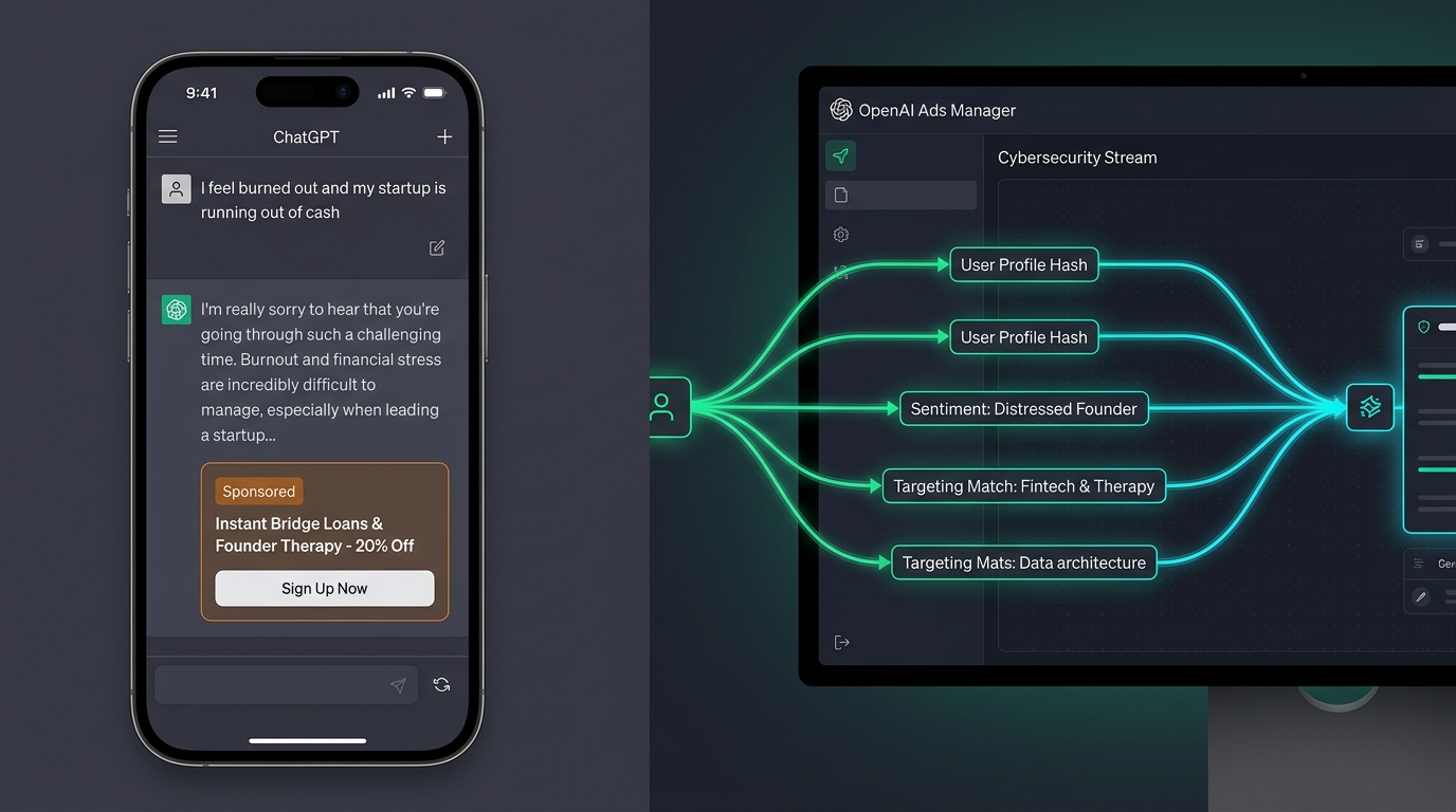 Chat targeting split screen: Left side showing distressed user prompt matched with bridge loan sponsored card, right side showing data telemetry streams inside OpenAI Ads Manager.
