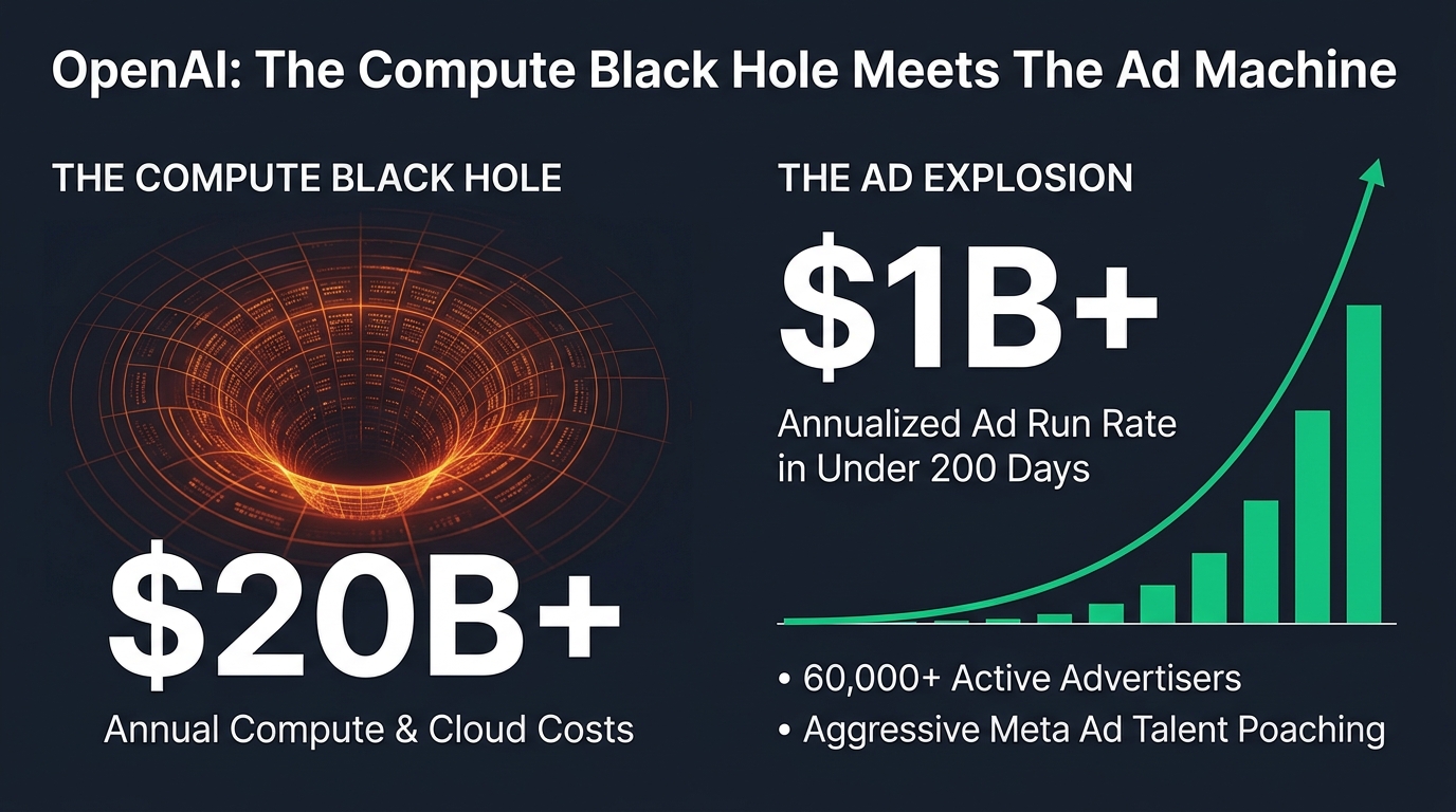 Data journalism matrix contrasting $20B+ annual infrastructure costs against the $1B+ ad run rate explosion and 60,000+ active advertisers.