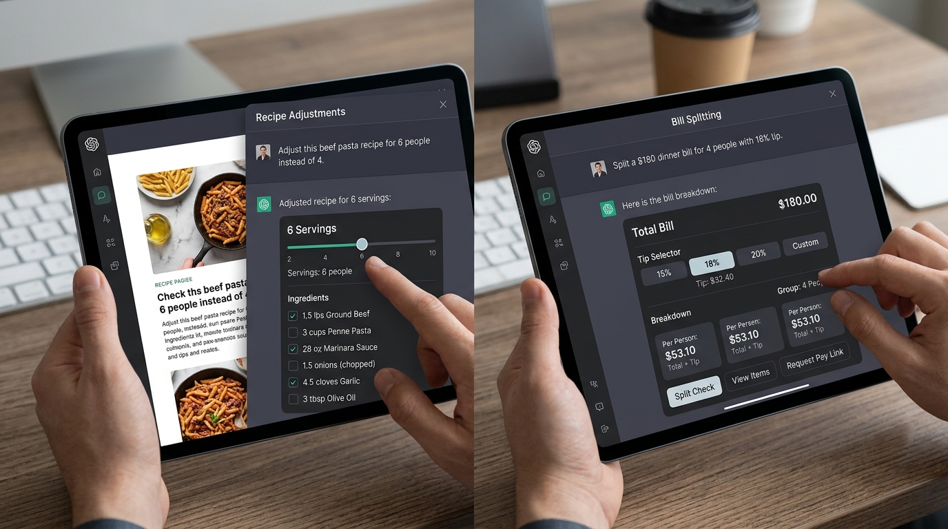 Hands-on testing on tablet devices: Left showing dynamic recipe portion sliders with grocery checkboxes; right showing interactive $180 dinner bill splitting with 18% tip selector