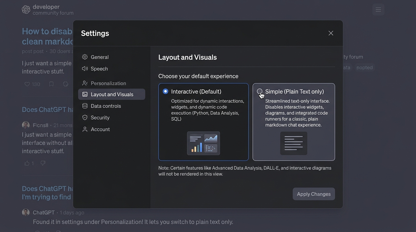 ChatGPT settings modal showing Personalization Layout options with mouse hovering over Simple Plain Text toggle, against developer community discussion threads