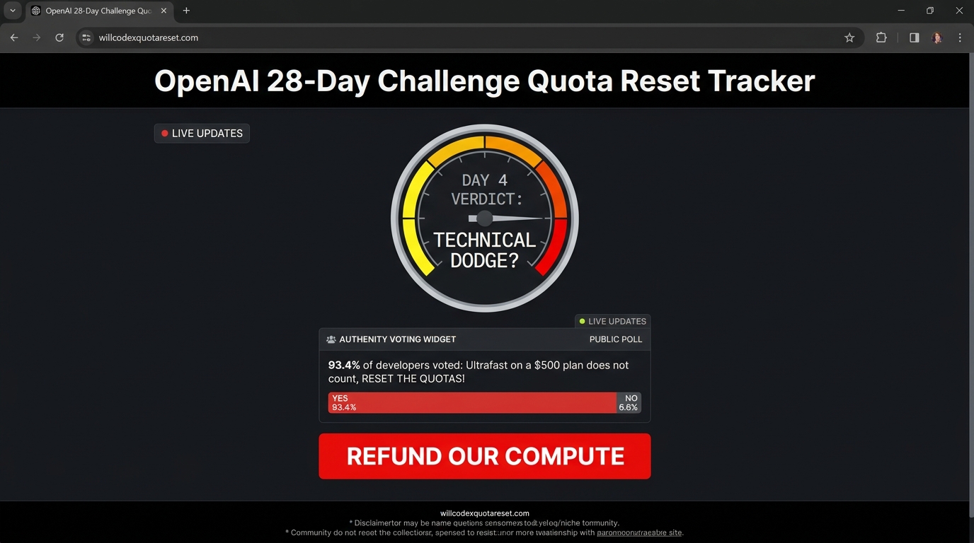 Community tracking dashboard at willcodexquotareset.com showing Day 4 verdict as Technical Dodge with 93.4% of developers voting demanding compute refunds