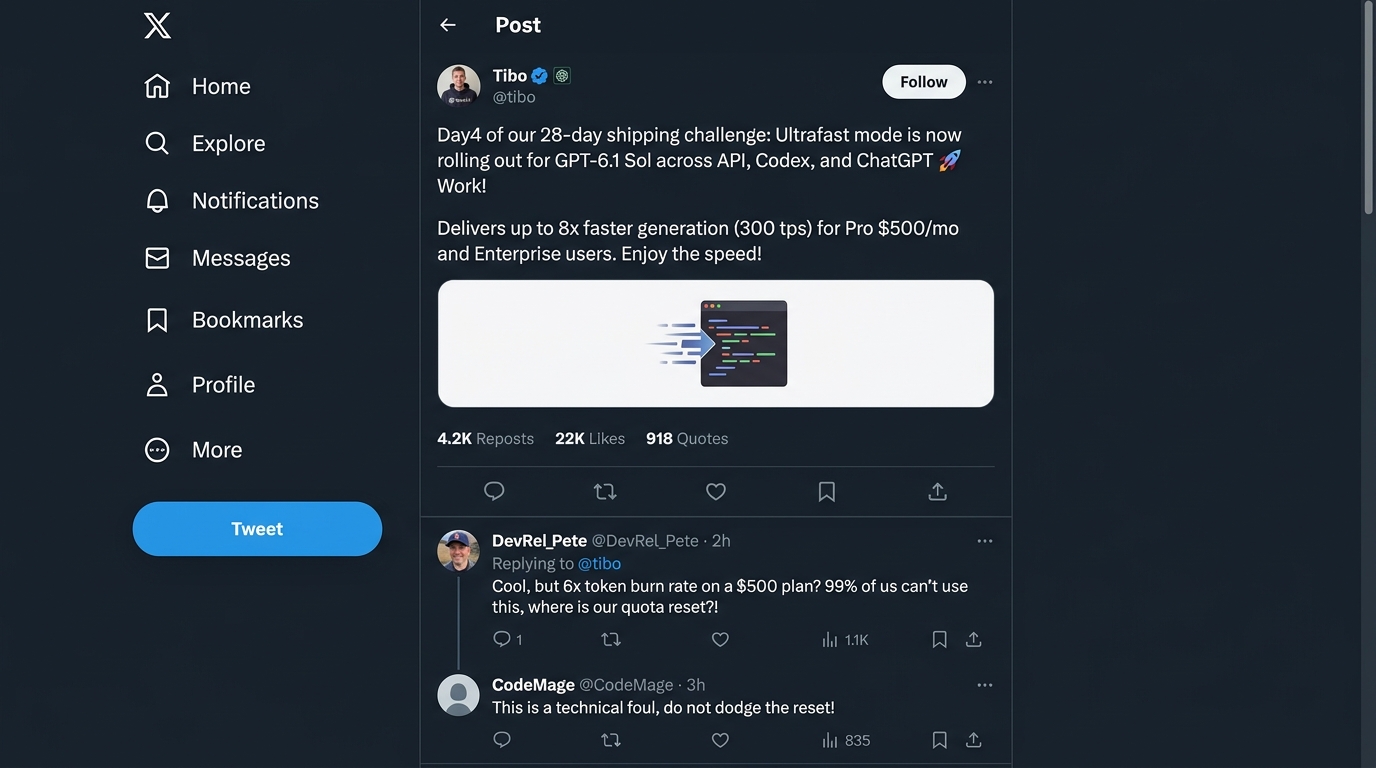 Official X post by OpenAI Codex lead Tibo announcing Ultrafast mode alongside top developer replies questioning 6x cost and demanding quota reset