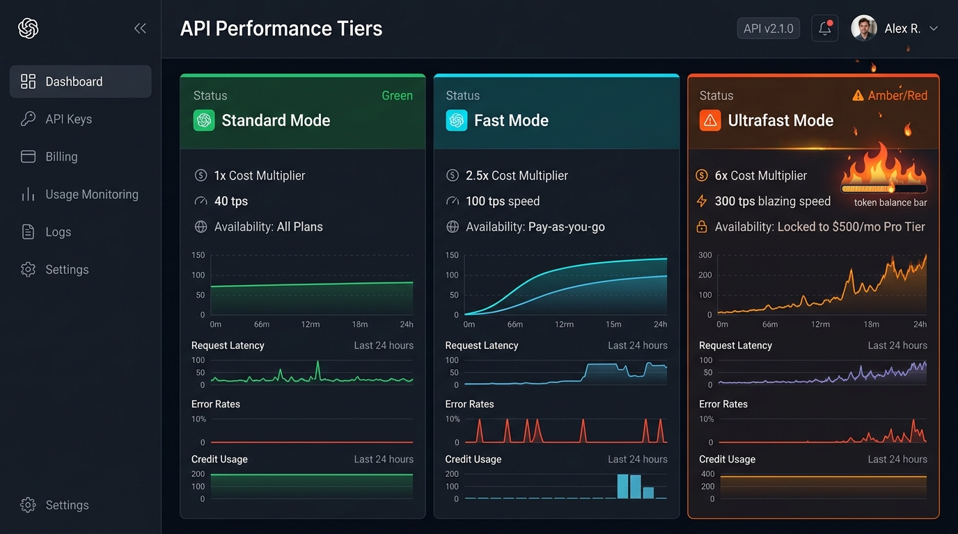 OpenAI performance tier comparison dashboard: Standard Mode (1x cost, 40 tps), Fast Mode (2.5x cost, 100 tps), and Ultrafast Mode (6x cost, 300 tps burning quotas)