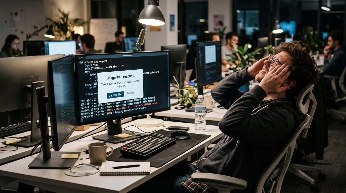 Software engineer clutching his head in frustration before a modal alert reading 'Usage limit reached. Token quota exhausted. Next reset in 4 hours'