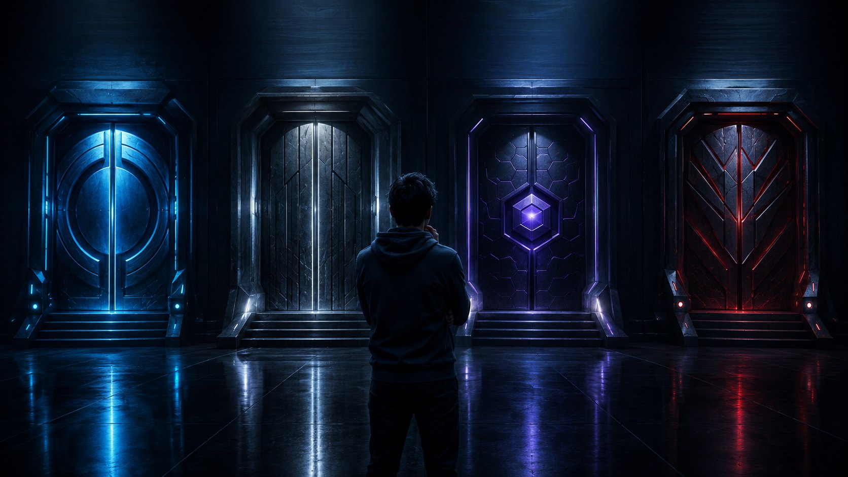 开发者站在多个封闭 AI 平台入口前的原创插图