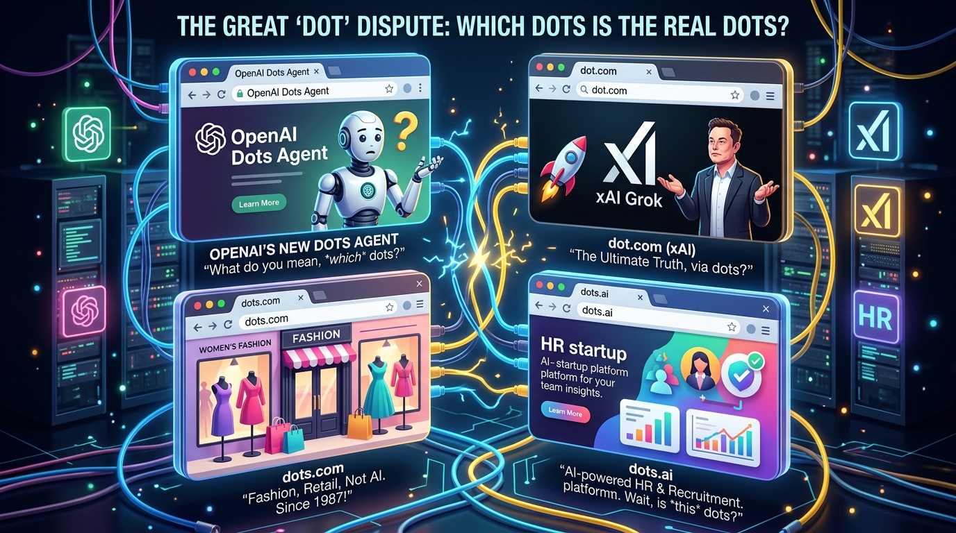 多窗口对比矩阵展示叫 Dots 的不同网站：OpenAI 的后台智能体、马斯克的 dot.com、老牌女装店 dots.com 和 HR 招聘初创公司 dots.ai