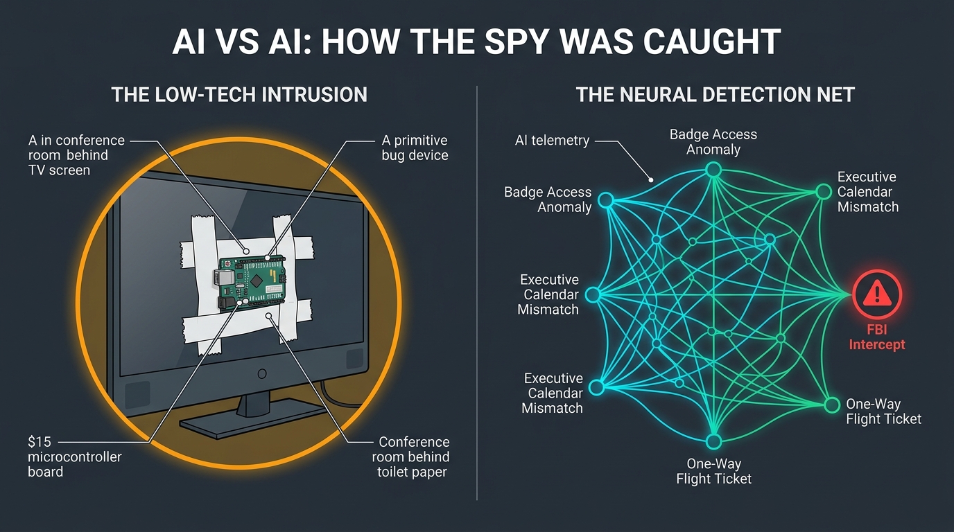 AI vs AI counter-espionage matrix: Contrasting the primitive analog bug behind the boardroom TV with OpenAI's neural detection net correlating badge, calendar, and flight telemetry