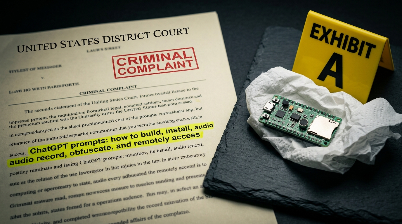 Forensic still life: United States District Court Criminal Complaint highlighting ChatGPT bugging prompts alongside the toilet-paper-wrapped microcontroller bug and yellow FBI evidence marker EXHIBIT A