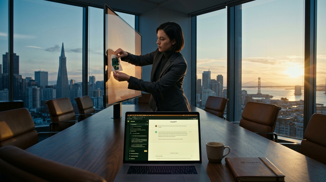 Satirical editorial gouache illustration: Inside OpenAI executive boardroom at night overlooking SF skyline, a hooded engineer plugs a toilet-paper-wrapped USB audio bug behind a TV while ChatGPT on a laptop displays covert recording instructions