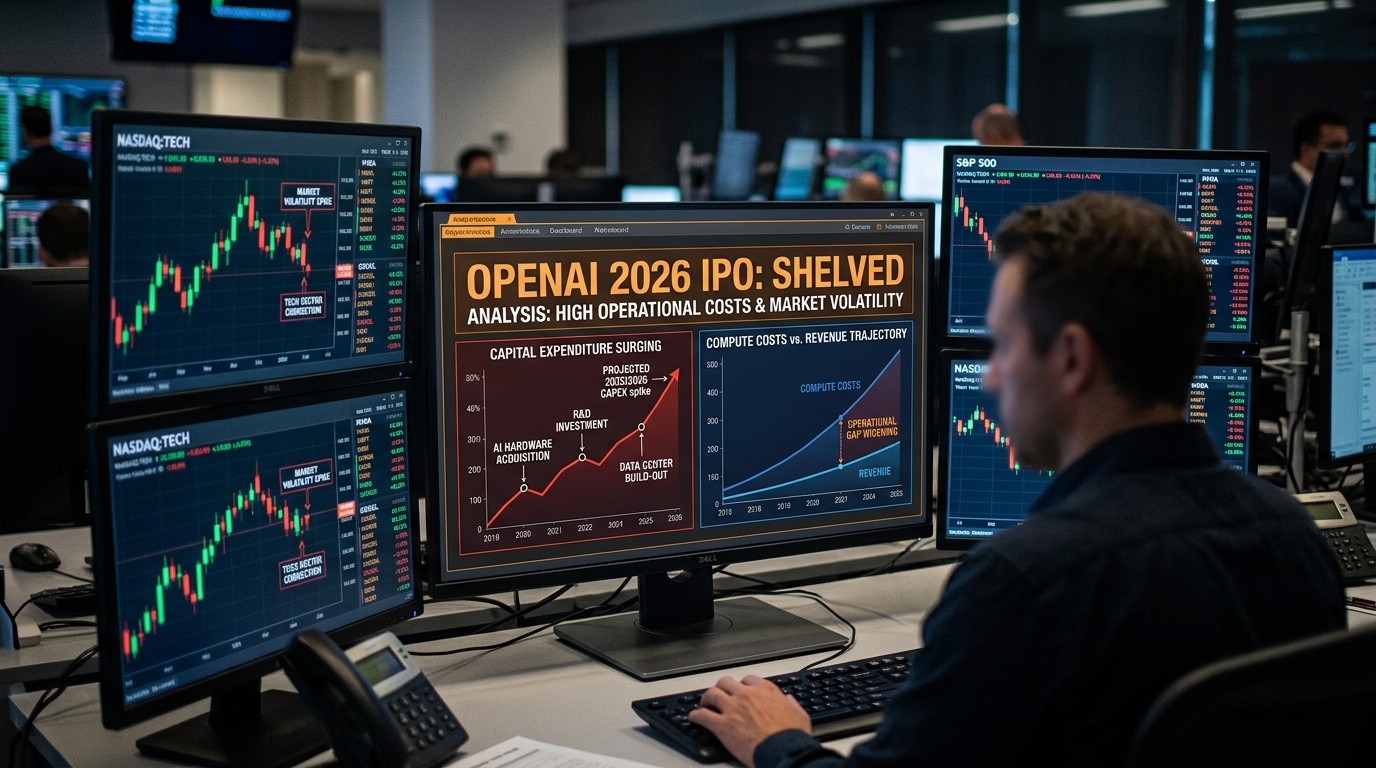 Financial trading desk screens displaying OpenAI shelved 2026 IPO announcement, surging capital expenditure curves, and tech stock market volatility