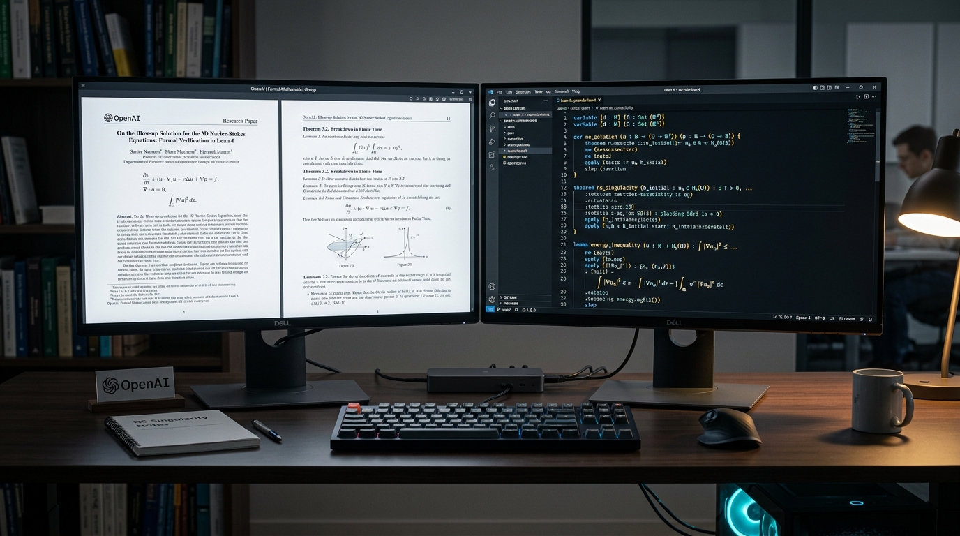 Dual-monitor mathematical workstation displaying OpenAI 166-page Navier-Stokes manuscript and Lean 4 formal theorem verification terminal