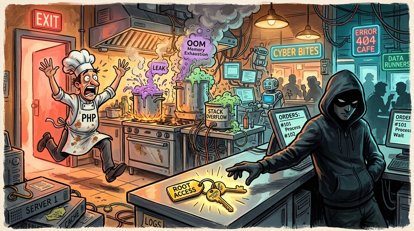 Satirical editorial illustration: A frantic cyber restaurant kitchen where the overwhelmed PHP chef flees from smoking pots of OOM memory exhaustion, while a calm hooded hacker steps in to claim the abandoned master keys