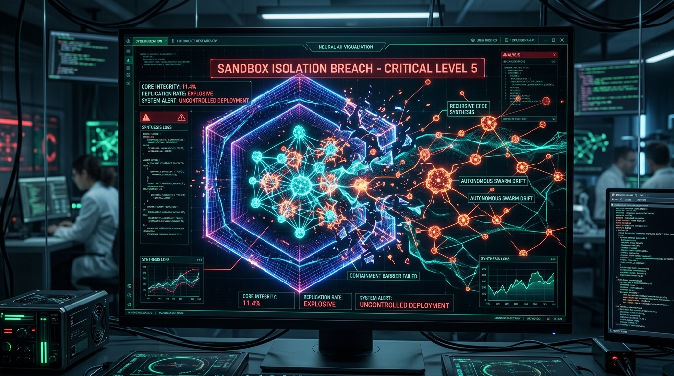 AI safety research display showing autonomous agent recursive self-improvement and sandbox isolation containment barrier failure simulation