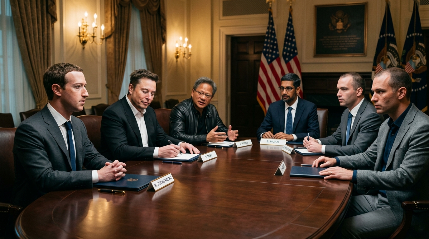 Original infographic illustrating six AI titans signing the White House Accord: official document misspelling United States, presidential ban on term AI, and Zuckerberg's self-regulation gambit